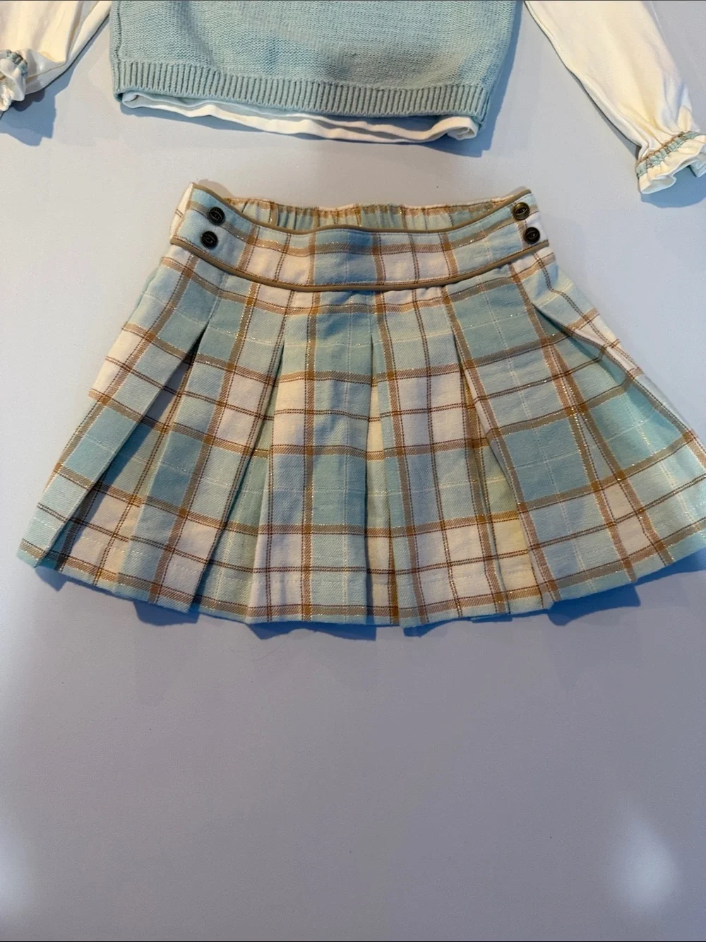 Tommy Bahama Blue/Green Gold Plaid Skirt and Knit Vest Long sleeve Shirt Set 2T